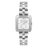 Silver watch with a rectangular face on a white background
