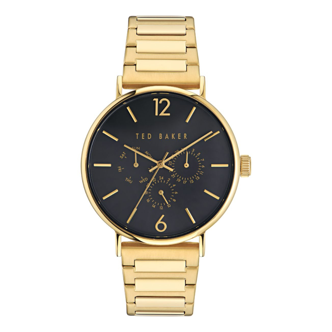 Gold watch with black face on a white background, Ted Baker brand visible