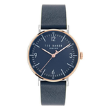 Ted Baker watch with navy blue strap and rose gold accents on a white background