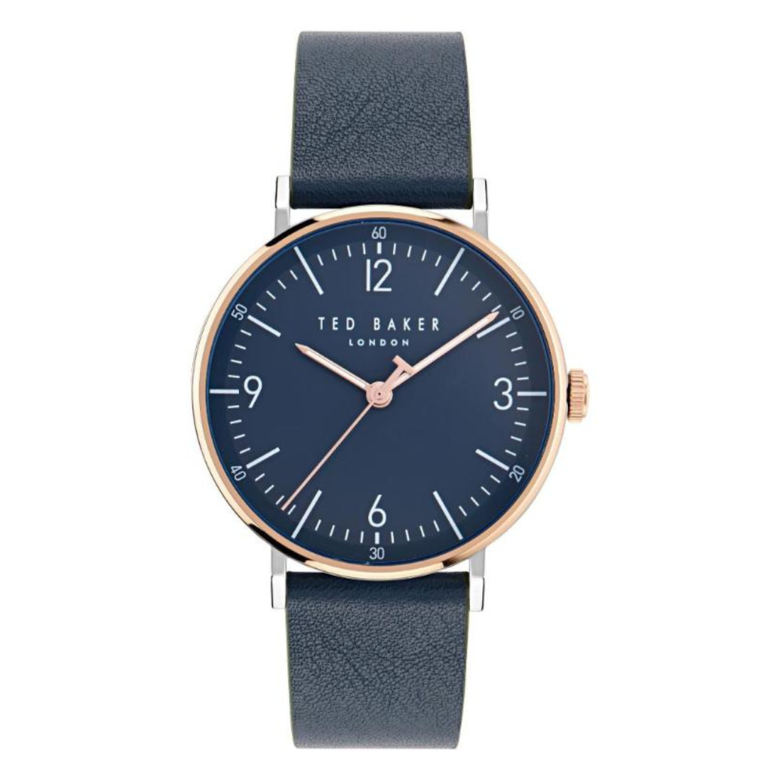 Ted Baker watch with navy blue strap and rose gold accents on a white background