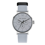 Ted Baker watch with gray strap and silver case on white background