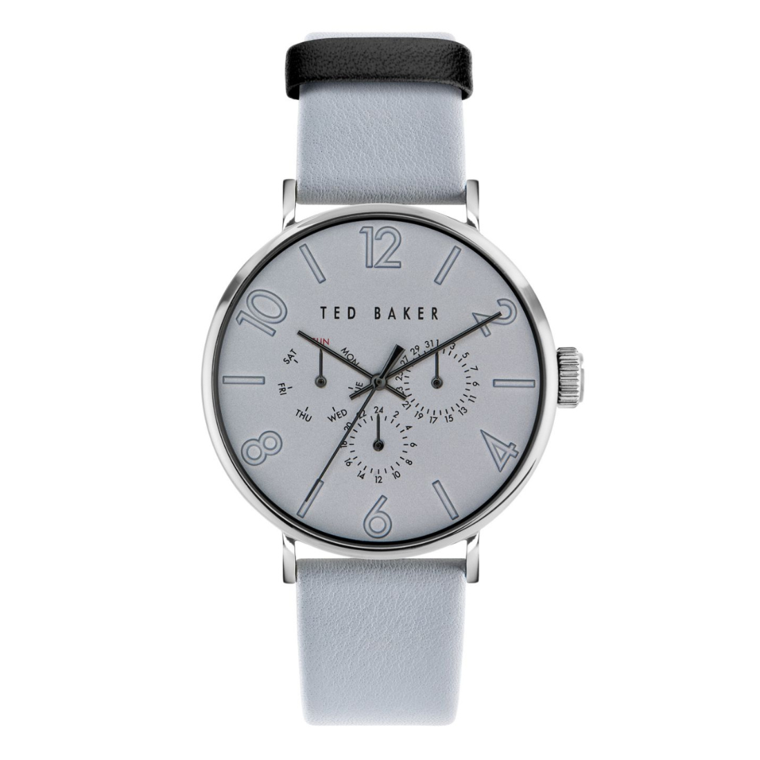Ted Baker watch with gray strap and silver case on white background