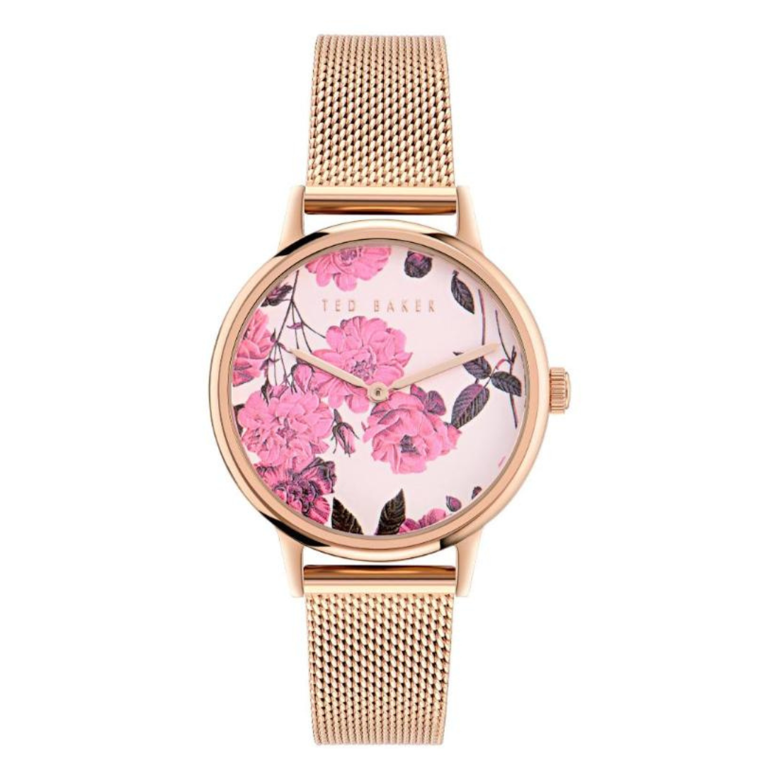 Rose gold watch with floral face on a white background