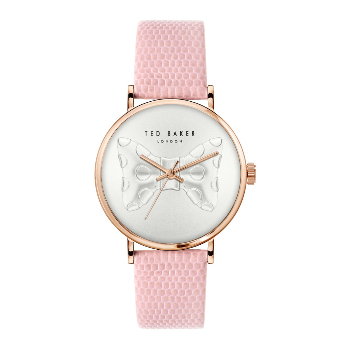 Ted Baker watch with pink strap and rose gold accents on a white background