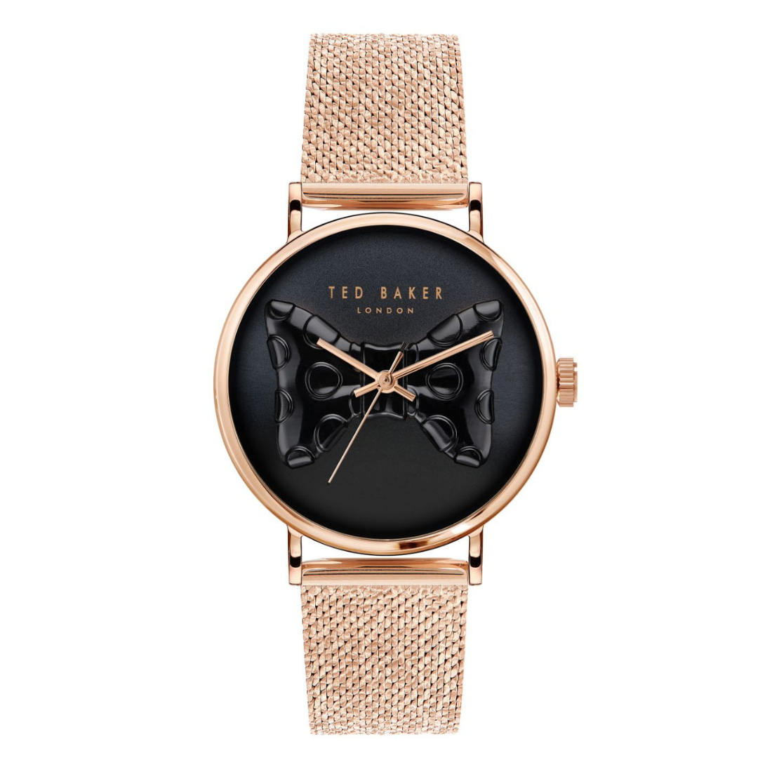 Ted Baker watch with black dial and rose gold accents on a white background