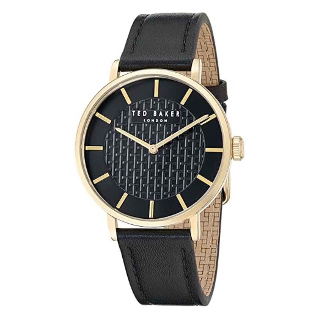 Ted Baker watch with black face, gold accents, and black leather strap on a white background