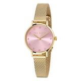 Ted Baker women’s elegant wrist watch with 28 mm pink round dial, gold-tone mesh stainless steel bracelet, slim crystal markers, and polished gold case on white background.