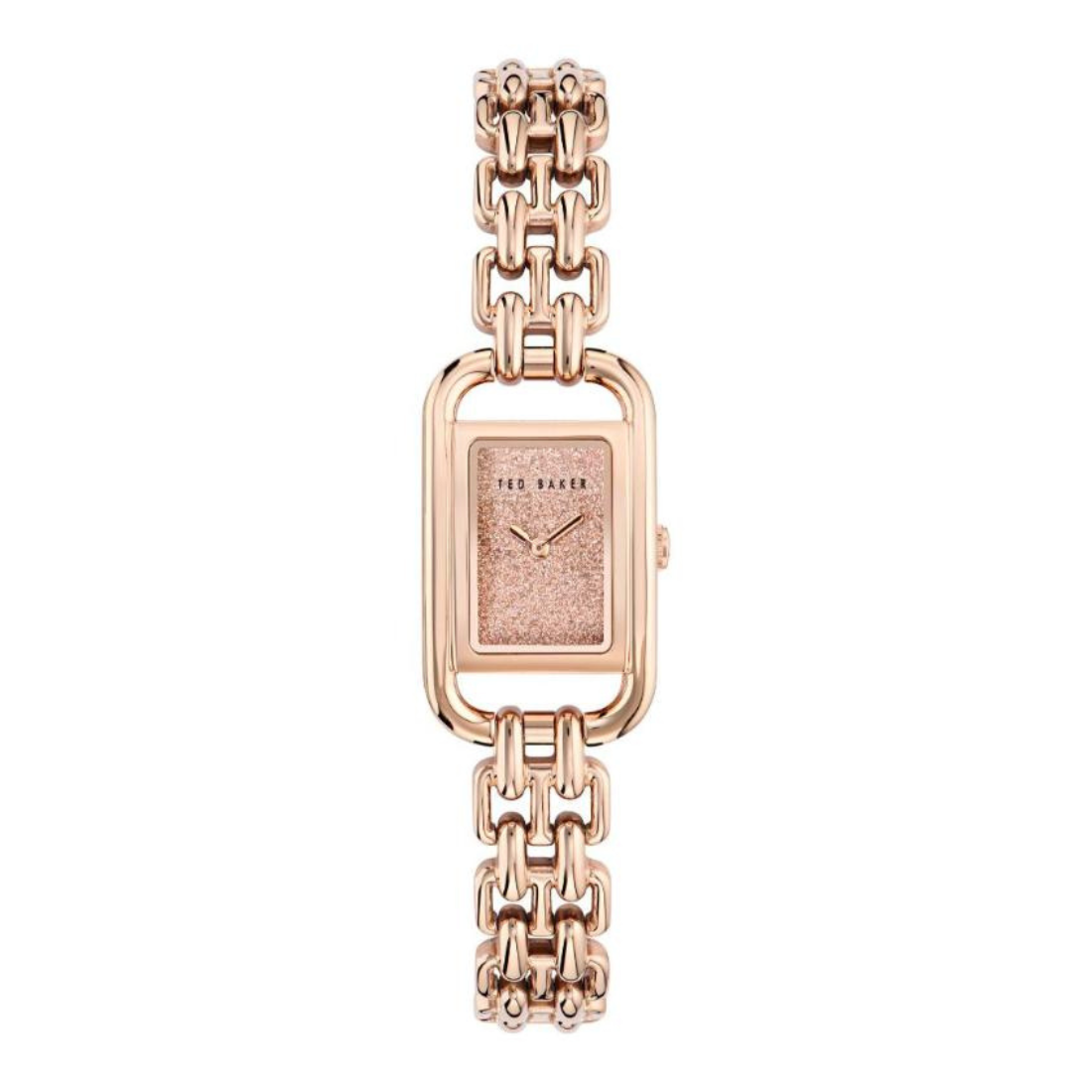 A Ted Baker women's watch featuring a rectangular rose gold case and a matching rose gold chain link bracelet, with a textured pink dial.
