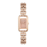 A Ted Baker women's watch featuring a rectangular rose gold case and a matching rose gold chain link bracelet, with a textured pink dial.