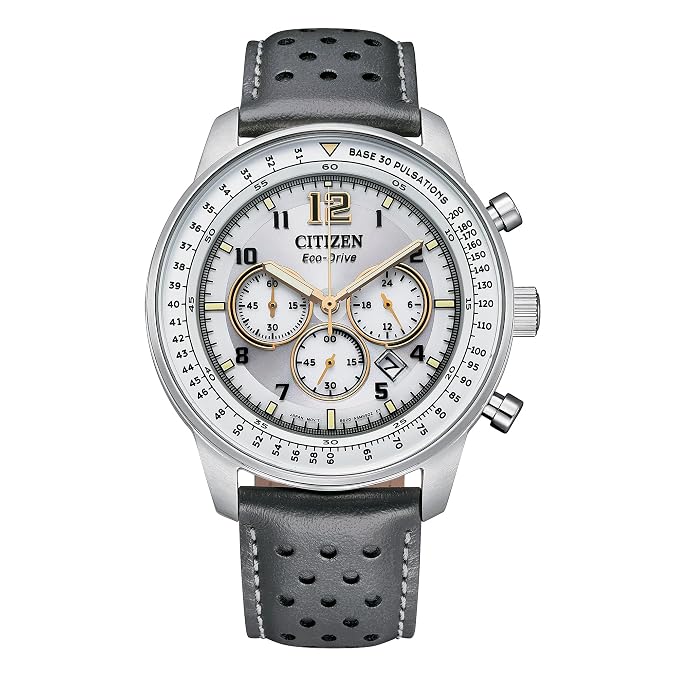 Citizen Men's Eco-Drive Sport Casual Watch, Gray Leather Strap, Silver-Tone Dial, Chronograph CA4500-24H