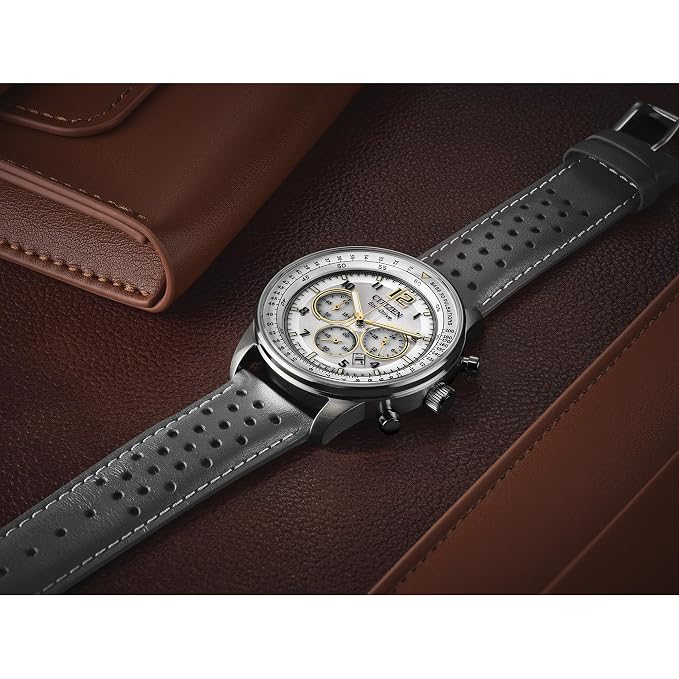 Citizen Men's Eco-Drive Sport Casual Watch, Gray Leather Strap, Silver-Tone Dial, Chronograph CA4500-24H
