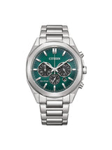 A Citizen Eco Drive analog watch with a multicolor dial and a stainless steel case, featuring a leather band.