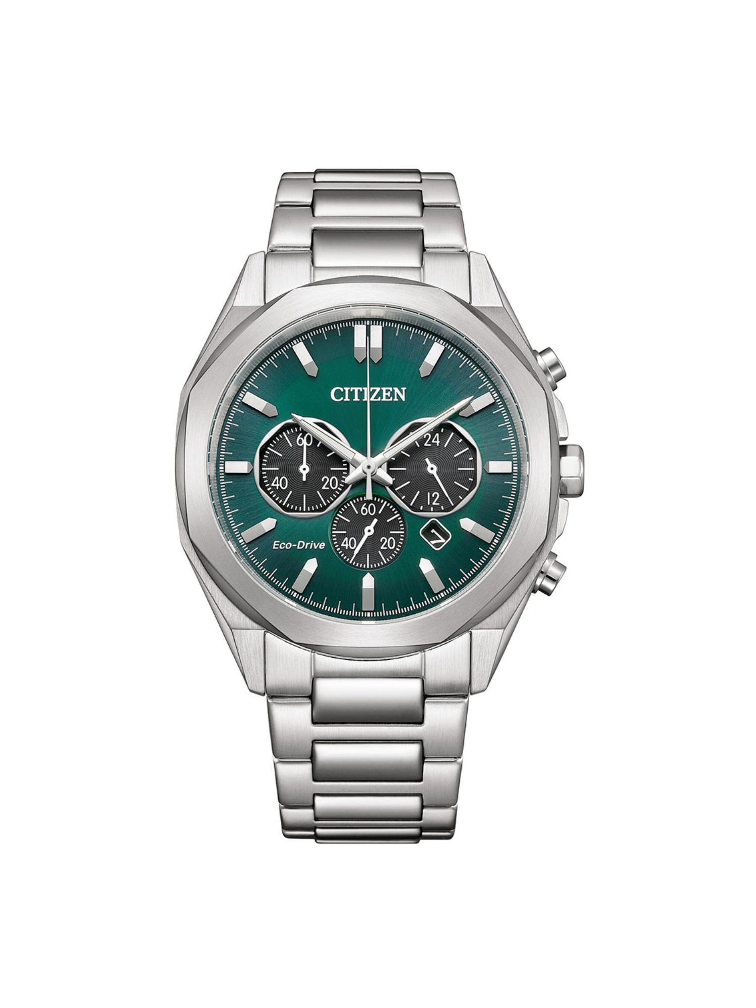 A Citizen Eco Drive analog watch with a multicolor dial and a stainless steel case, featuring a leather band.