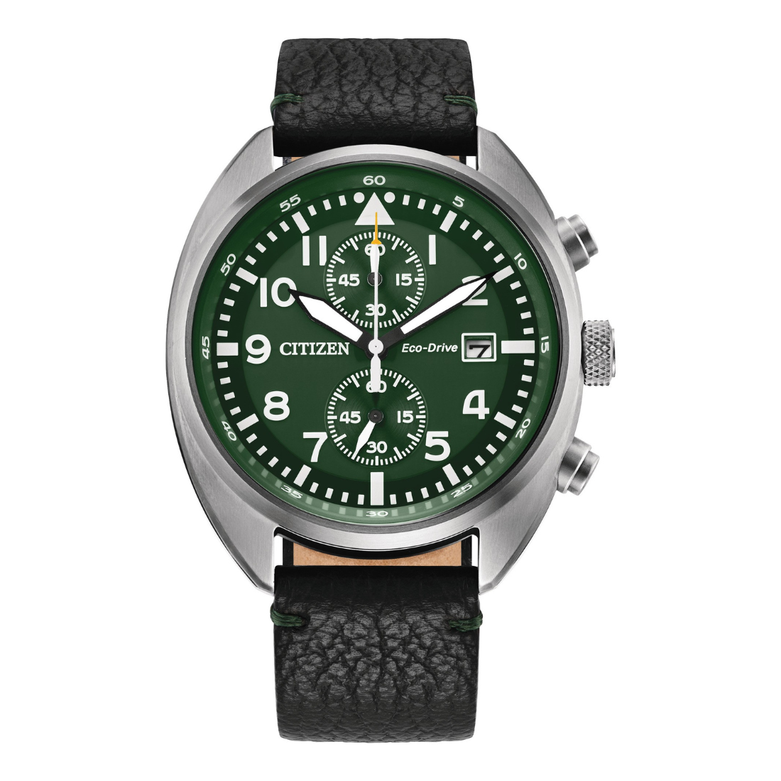 Citizen Eco-Drive men's chronograph watch with a green round dial, silver stainless steel case, black textured leather strap, white luminous hands and numeral markers, dual subdials, and date display.