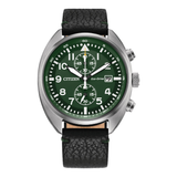 Citizen Eco-Drive men's chronograph watch with a green round dial, silver stainless steel case, black textured leather strap, white luminous hands and numeral markers, dual subdials, and date display.
