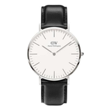 Black watch with a white face on a white background