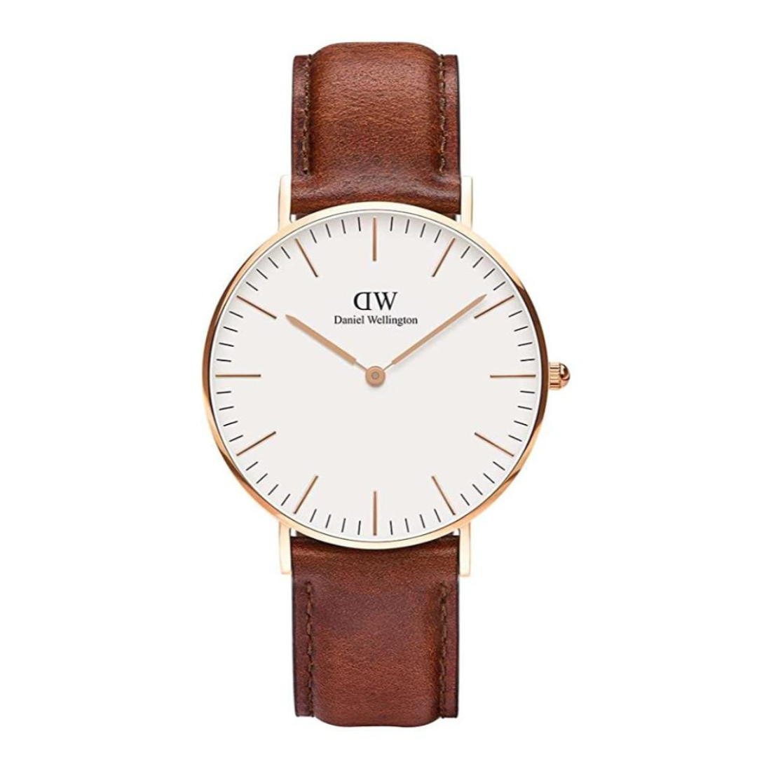 Watch with brown leather strap and gold case on white background