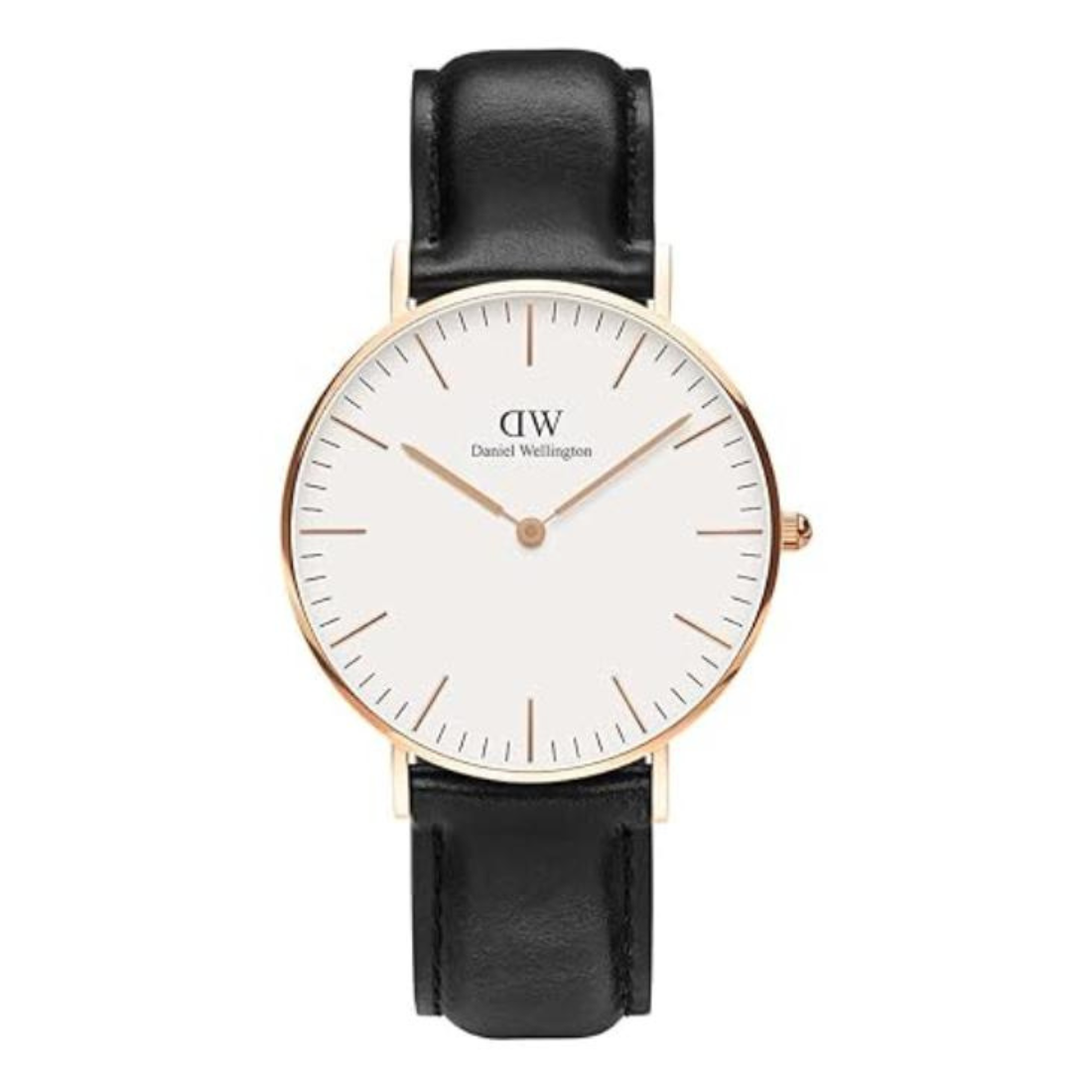 Black watch with a white face and rose gold accents on a white background