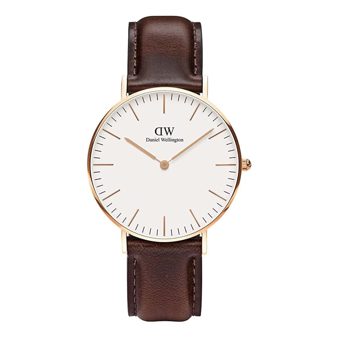 Daniel Wellington watch with brown leather strap and white dial on a white background