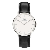 Black watch with white face on a white background