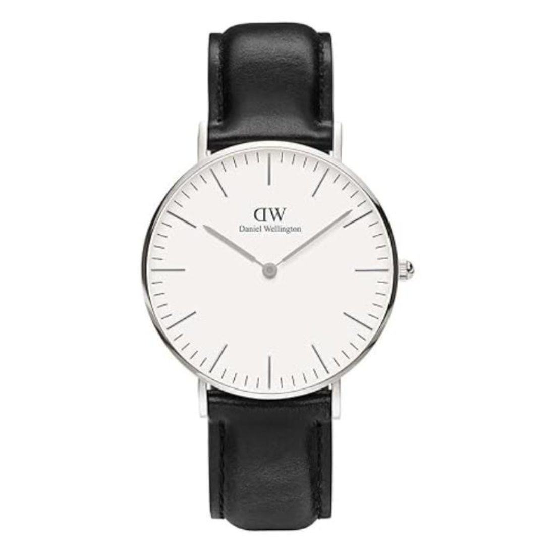 Black watch with white face on a white background