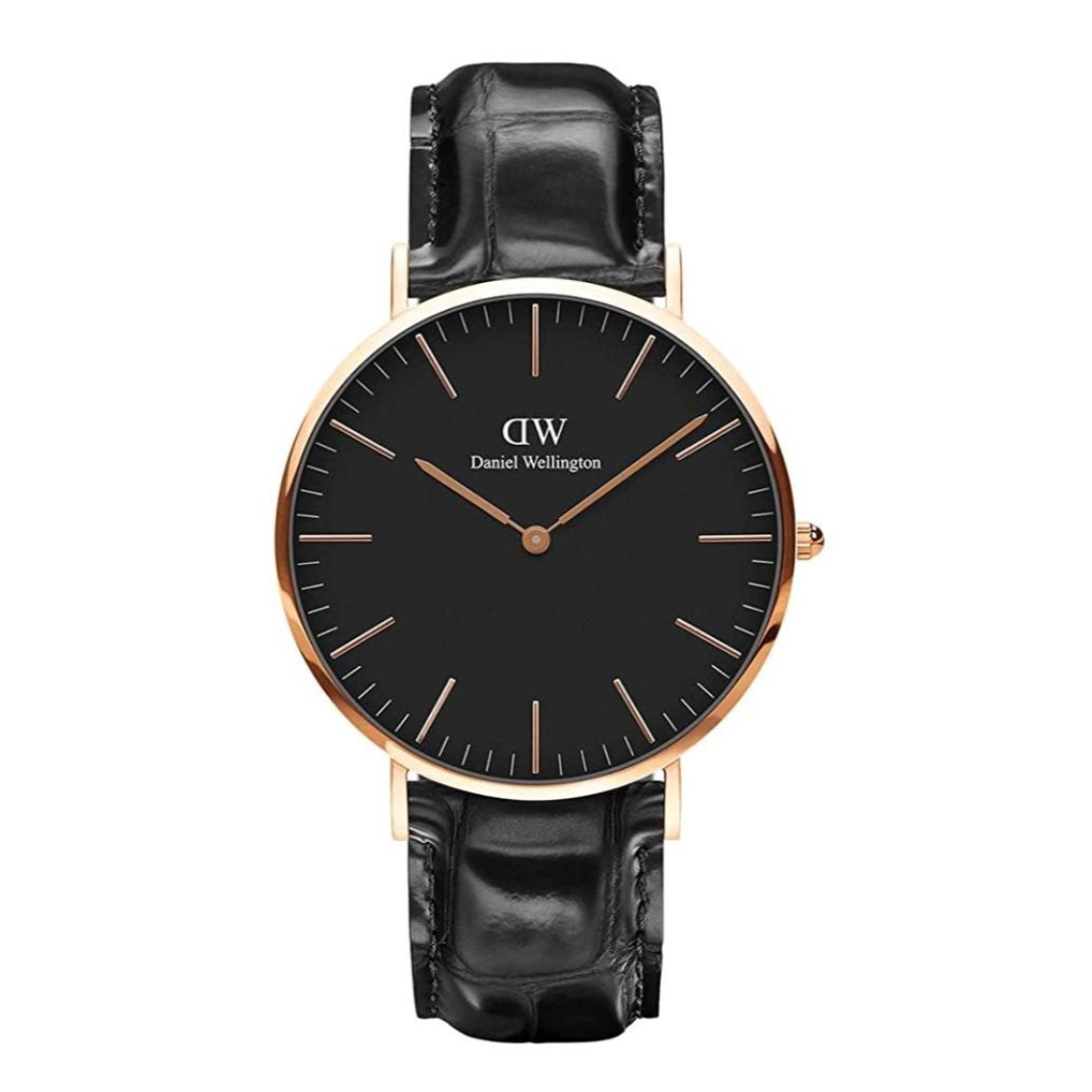 Daniel Wellington watch with black face and leather strap on a white background