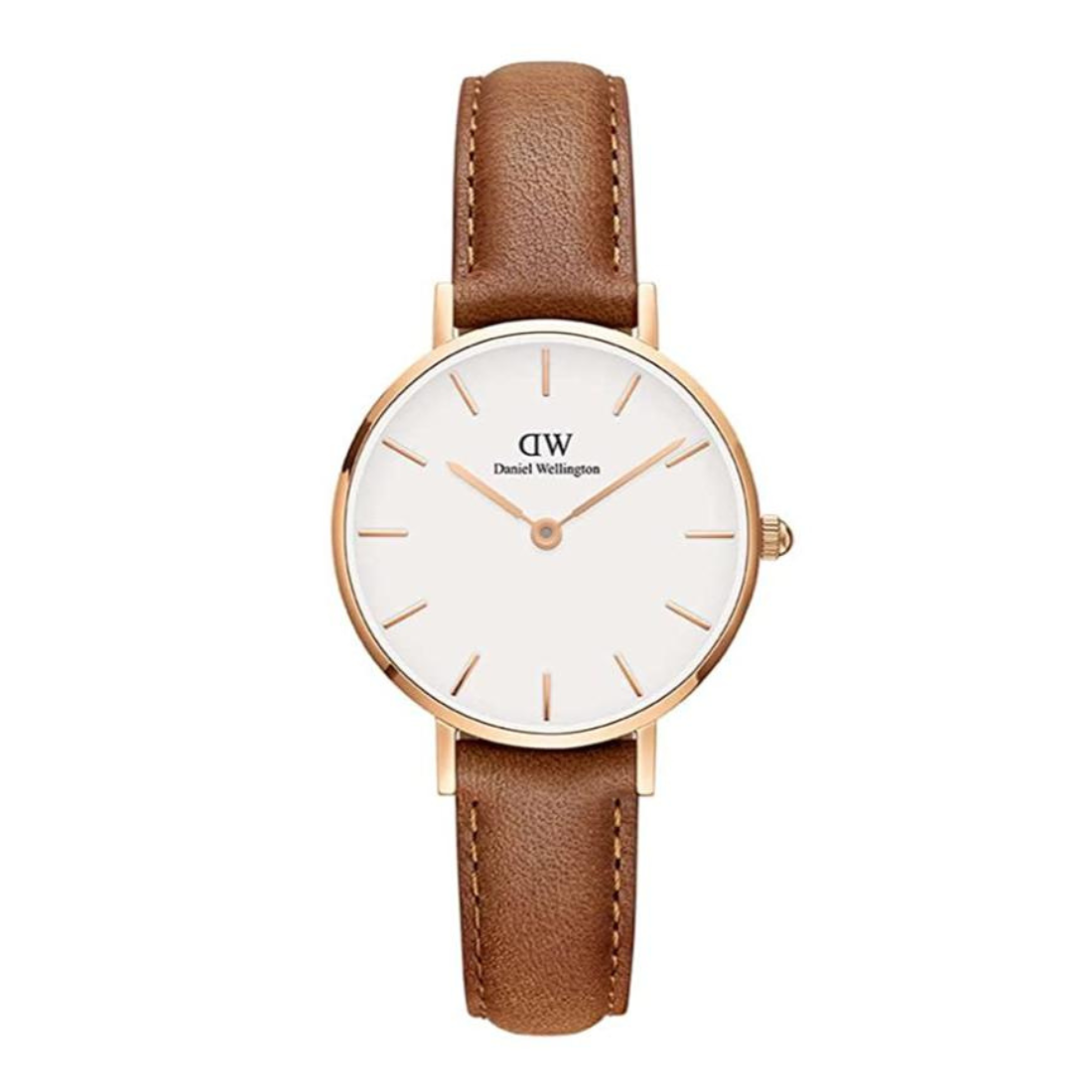 Watch with brown leather strap and white face on a white background