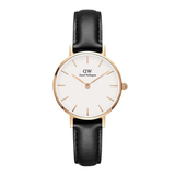 Wristwatch with black strap and white face on a white background