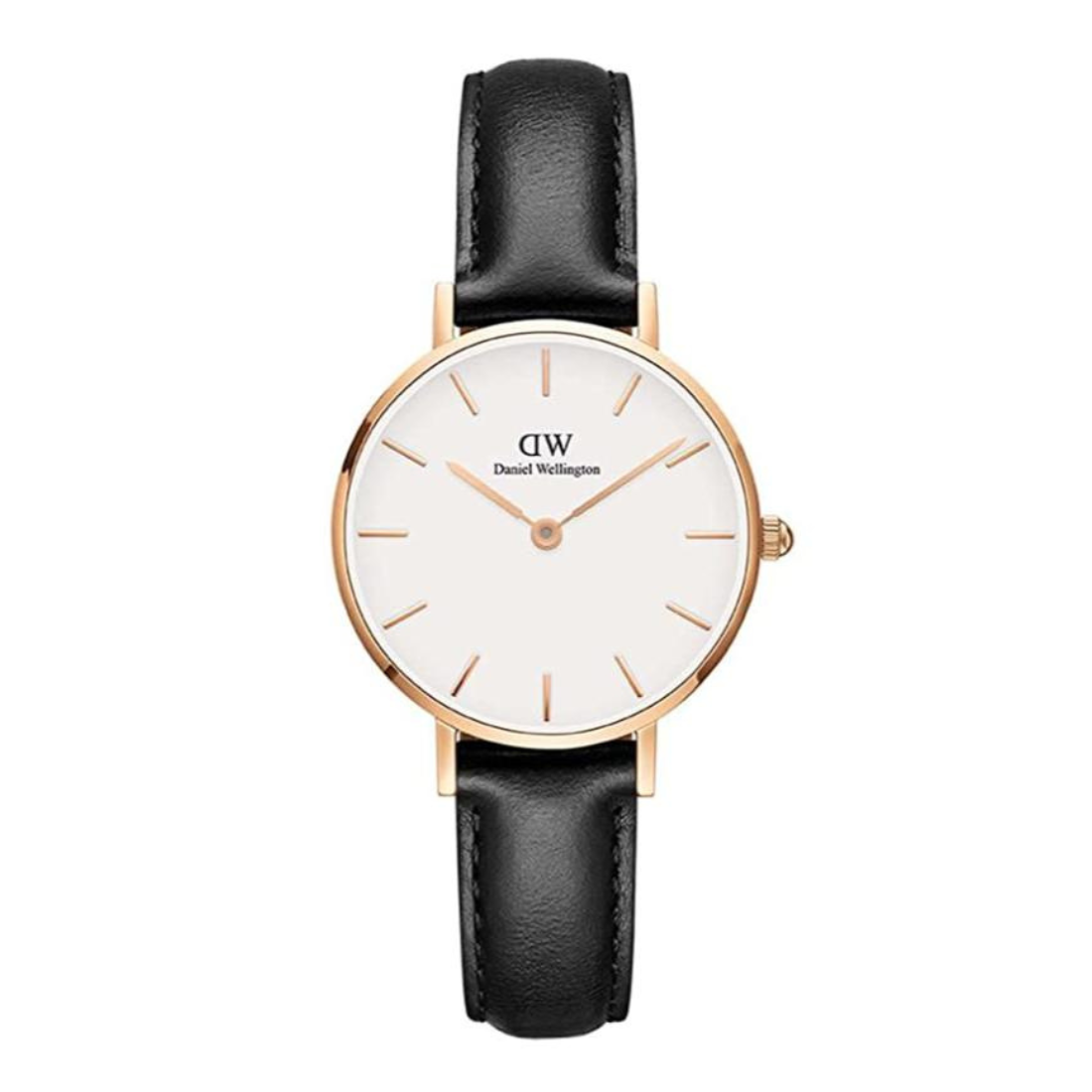 Wristwatch with black strap and white face on a white background