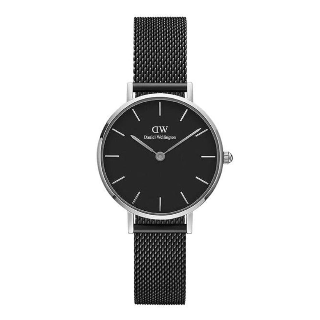 Black watch with silver case and mesh band on a white background