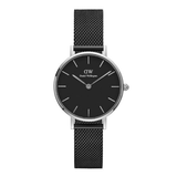 Black watch with silver case and mesh band on a white background