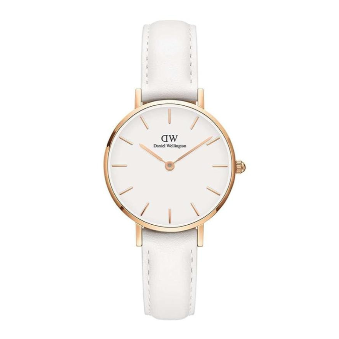 White watch with gold case and white strap on a white background