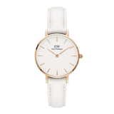 White watch with gold case and white strap on a white background