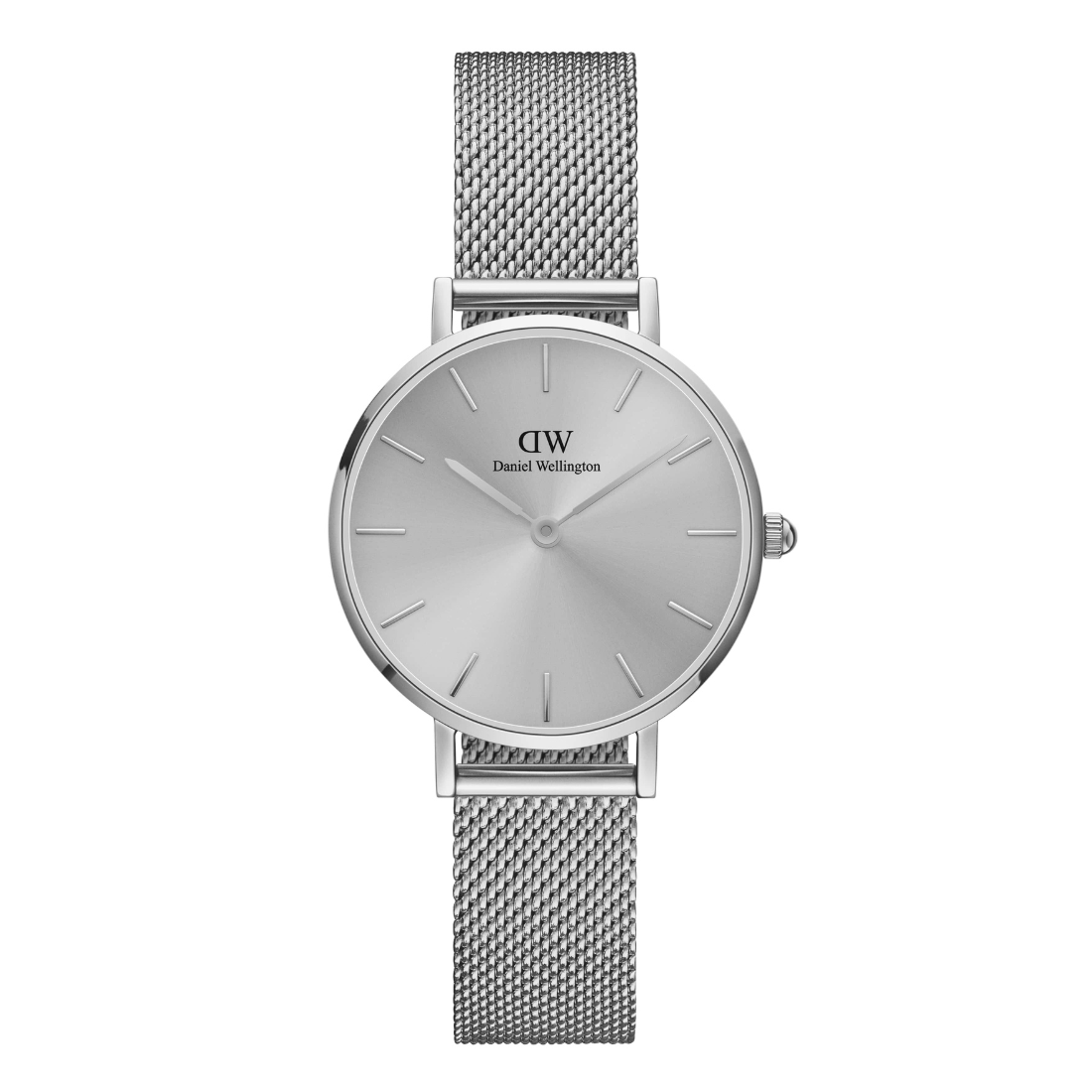 Silver watch with mesh band on a white background