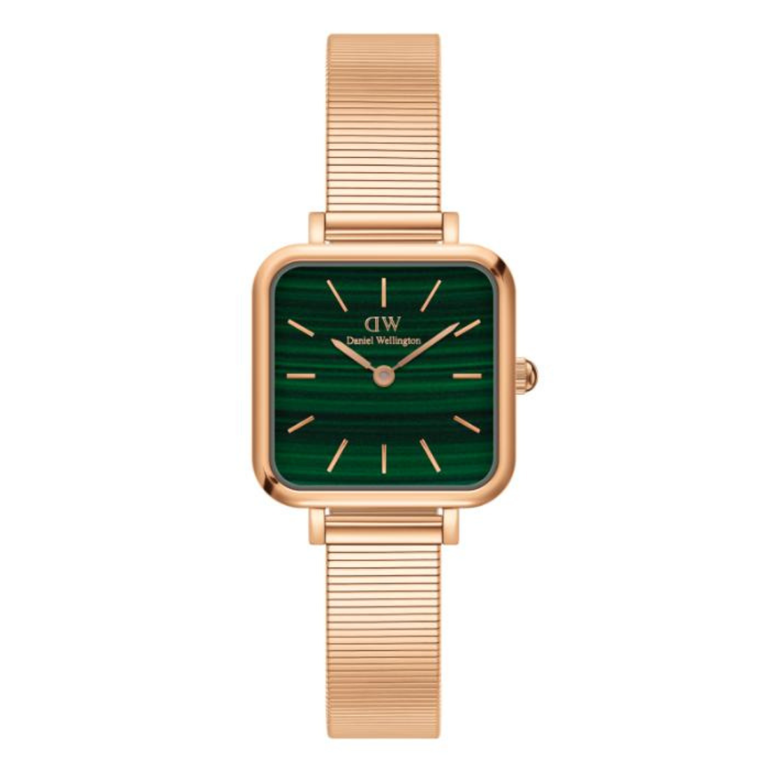 Gold watch with green face on a white background