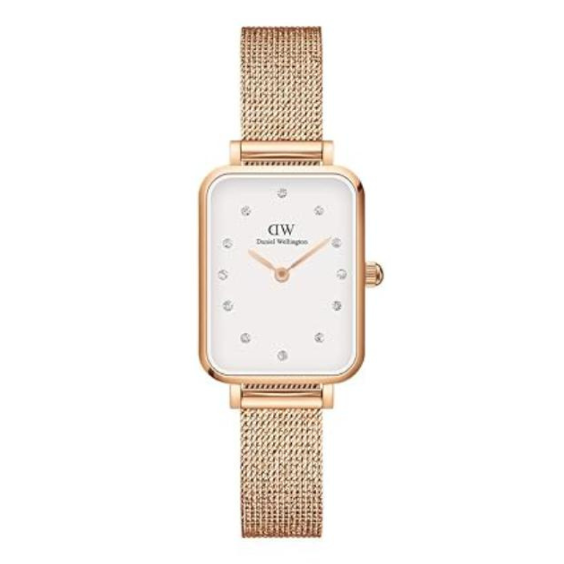 Rose gold watch with a white face on a white background