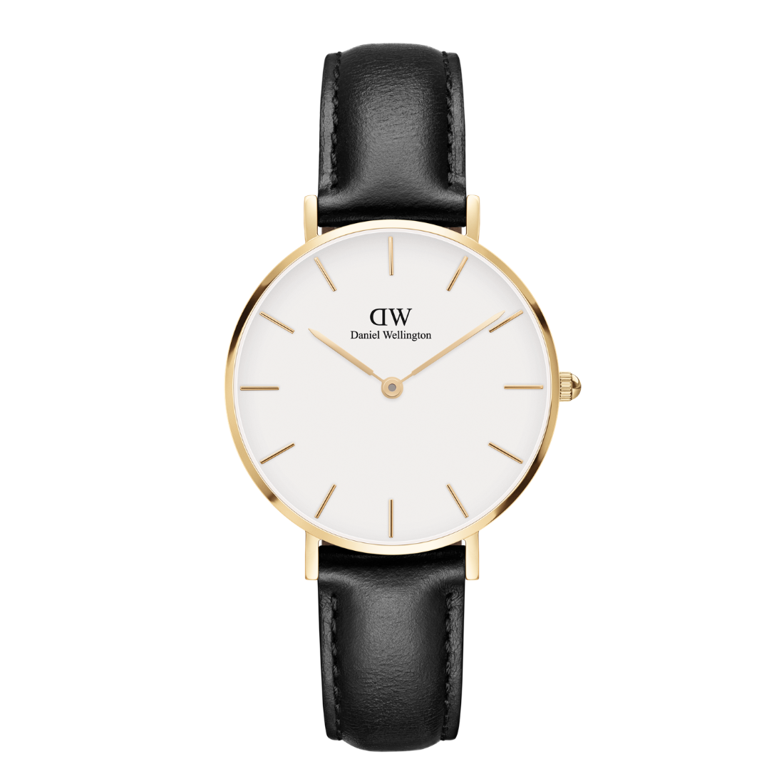 Watch with black strap and gold case on a white background