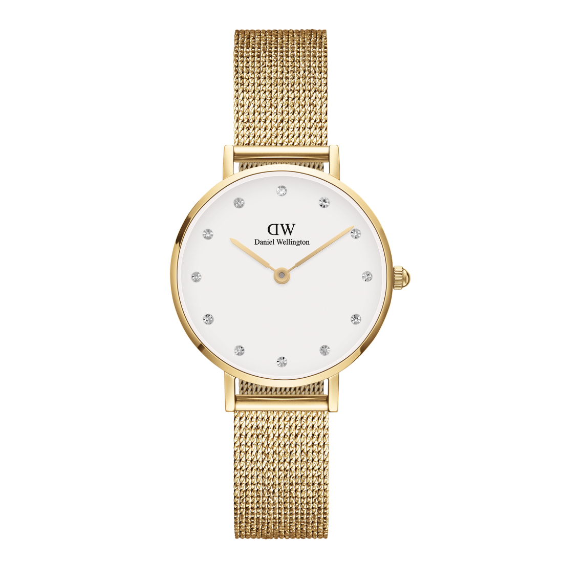 Gold watch with a white face on a white background