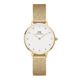 Gold watch with a white face on a white background