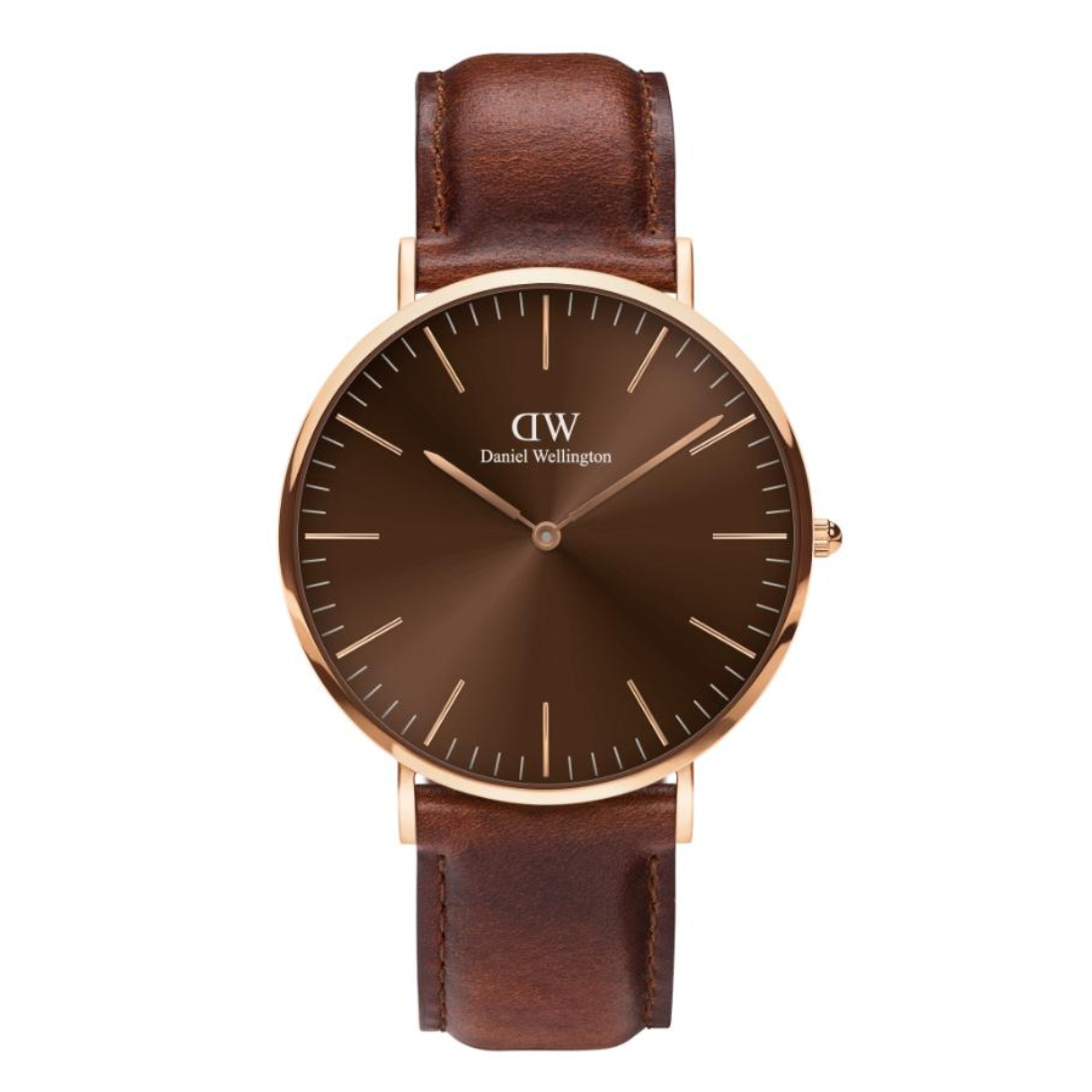 Brown watch with rose gold case and leather strap on a white background