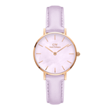 Daniel Wellington wristwatch with a light purple leather strap, a white mother-of-pearl dial, and a rose gold case, shown against a plain white background.