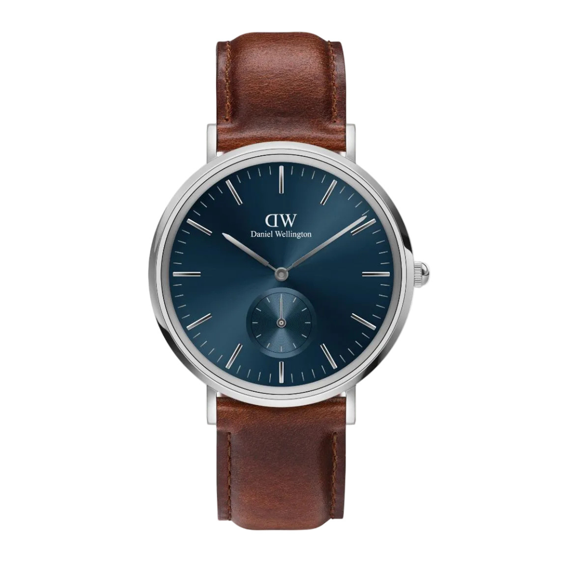 Daniel Wellington watch with brown leather strap and blue dial on white background