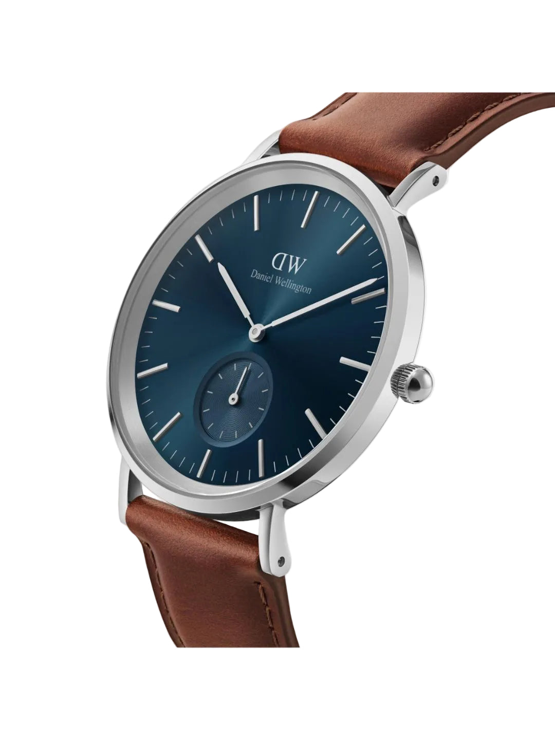 Watch with brown leather strap and blue dial on a white background