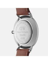 Back view of a Daniel Wellington watch with brown leather strap and silver case.
