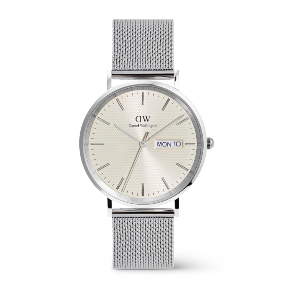 Silver watch with mesh band on a white background