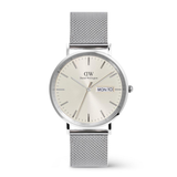 Silver watch with mesh band on a white background