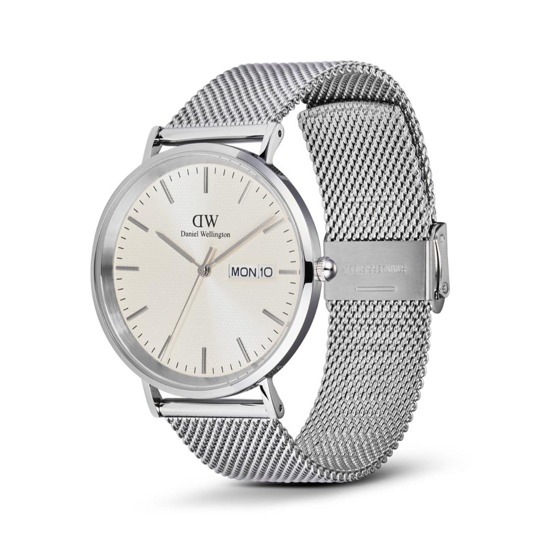 Silver watch with mesh band on a white background
