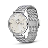 Silver watch with mesh band on a white background