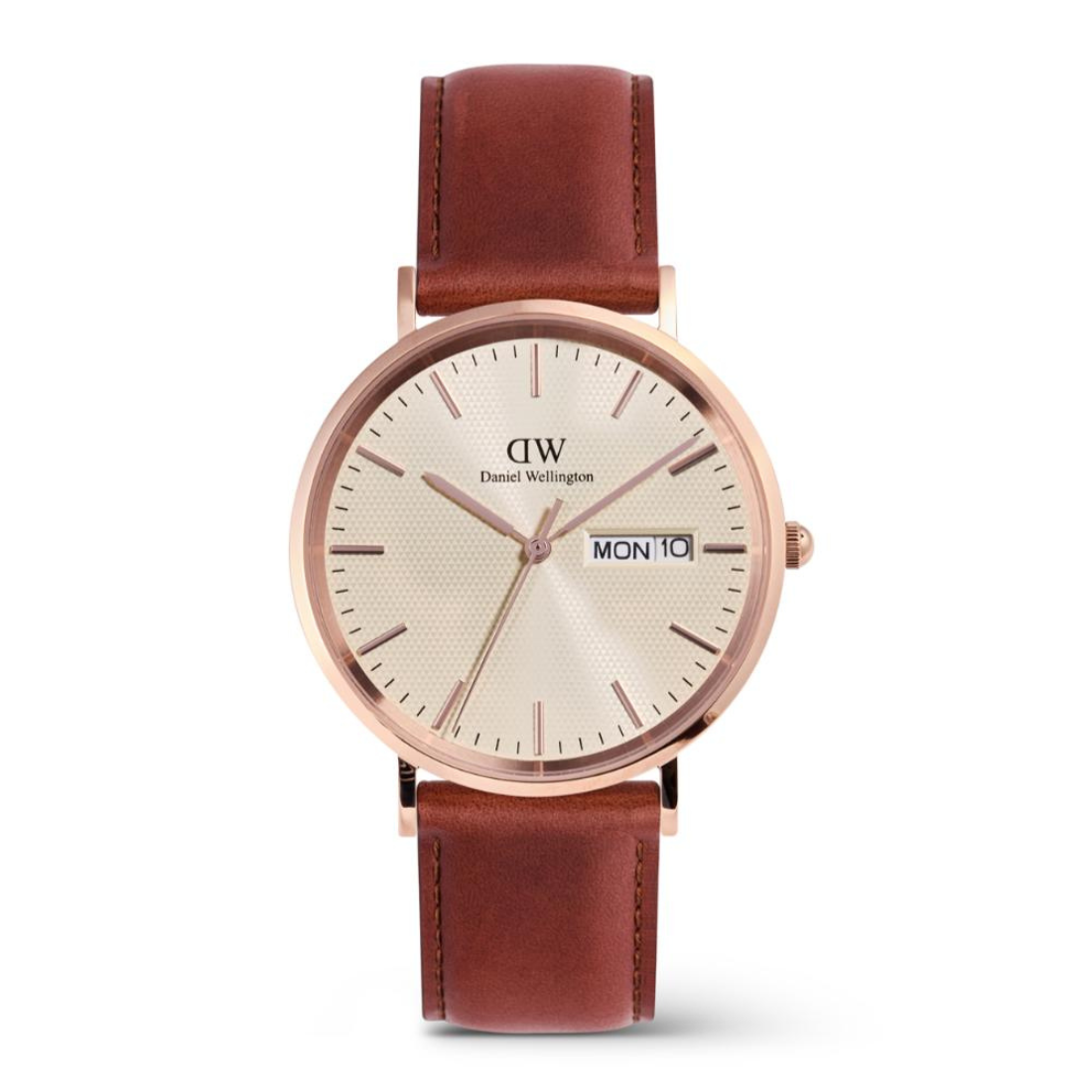 Daniel Wellington watch with brown leather strap and rose gold case on white background