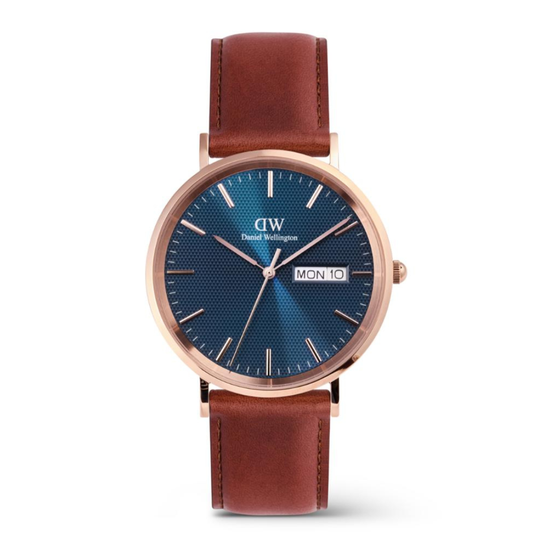 Wristwatch with brown leather strap and blue dial on a white background